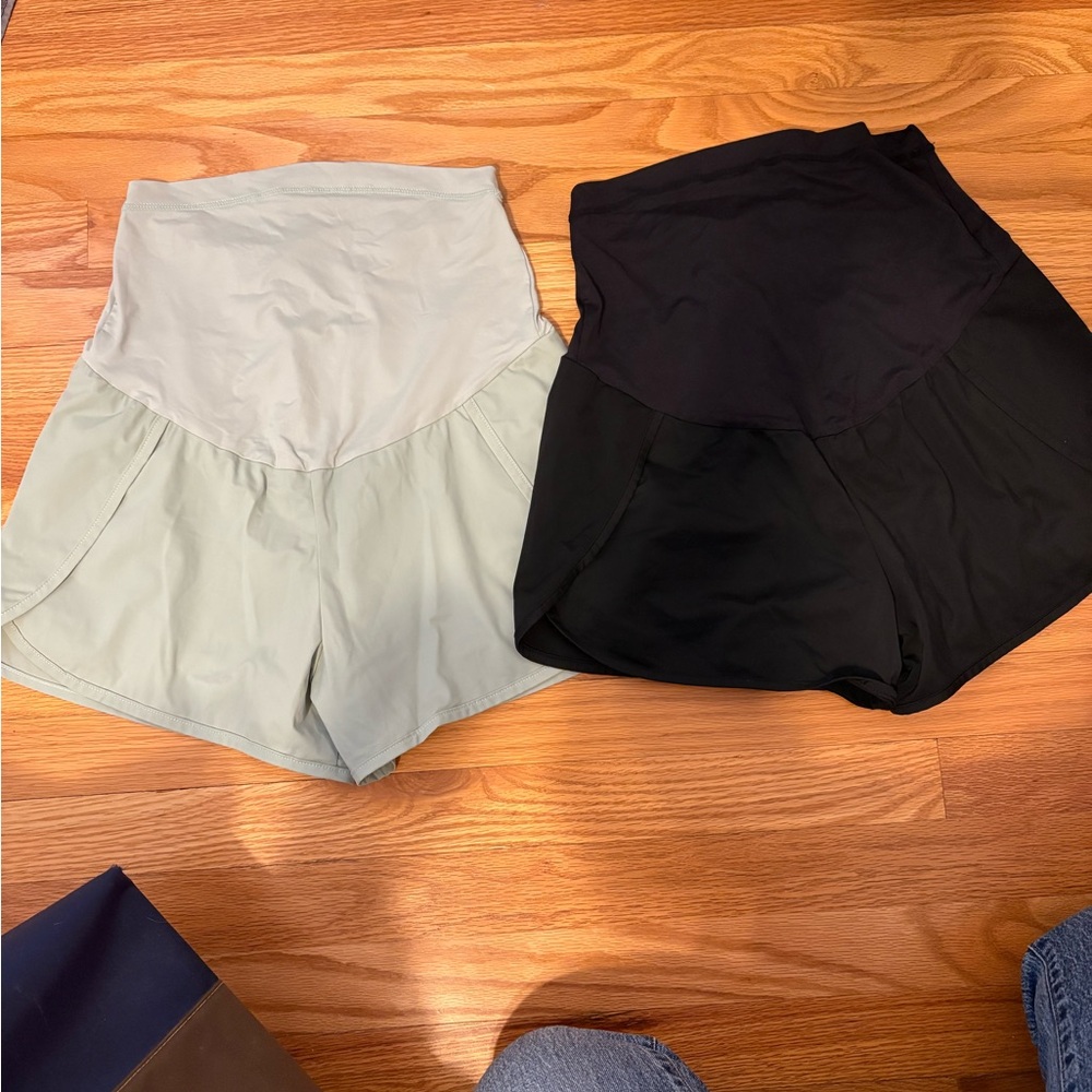 High-Waist Maternity Athletic Shorts - Black and Sage Green Bundle